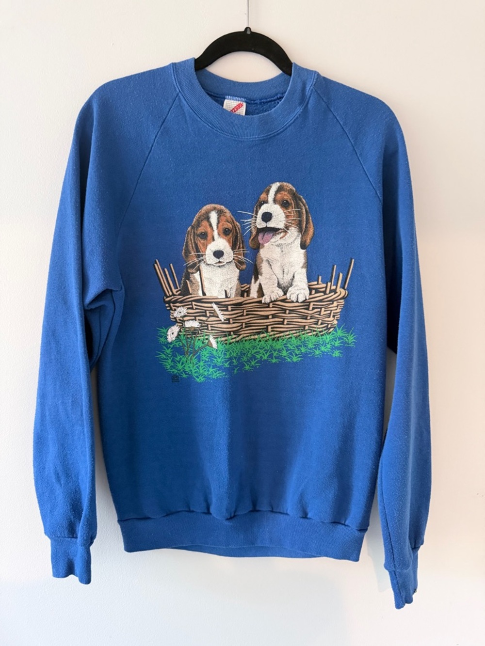 Jerzees Royal Blue Crewneck Sweatshirt with Puppy Basket Graphic